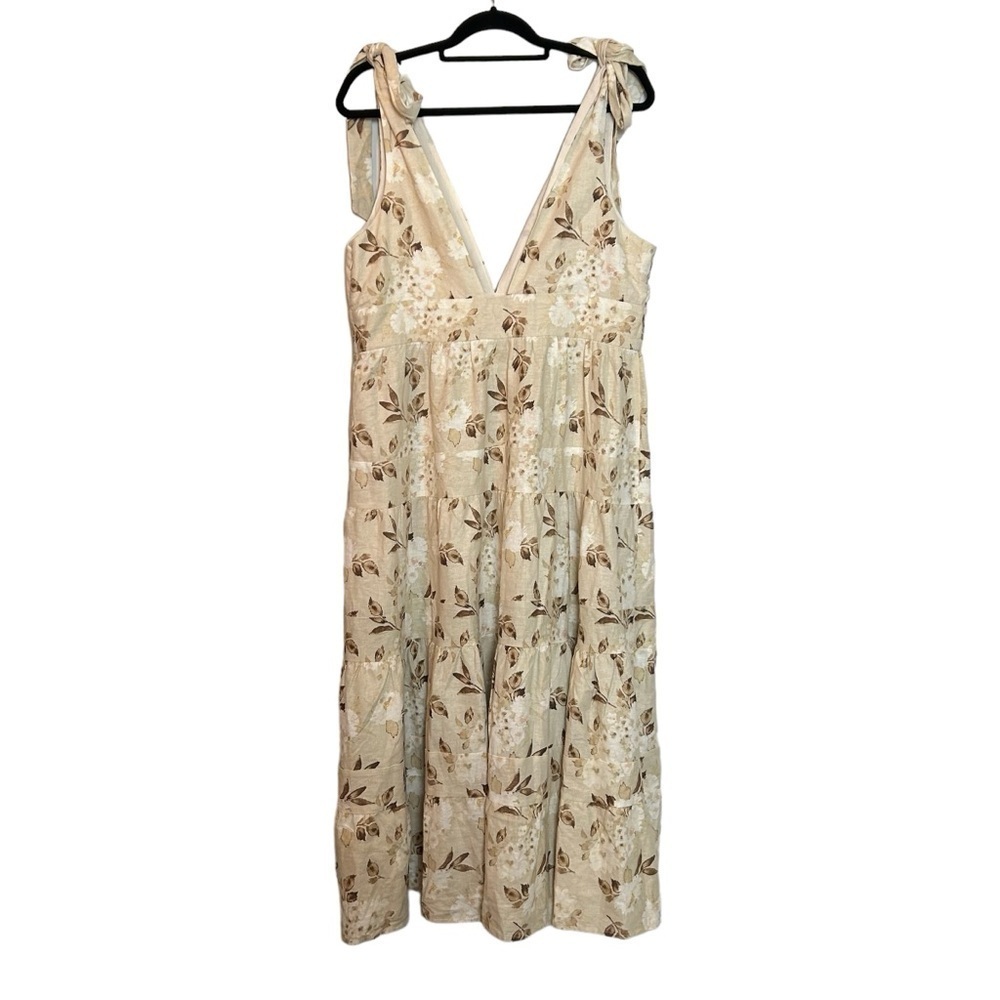 House of Harlow 1960 Cream and Brown Floral & Leaf Tiered Linen Blend Maxi Dress - Picture 7 of 16